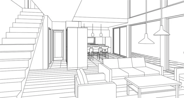 キッチンリビングルーム3Dイラスト — ストックベクタ