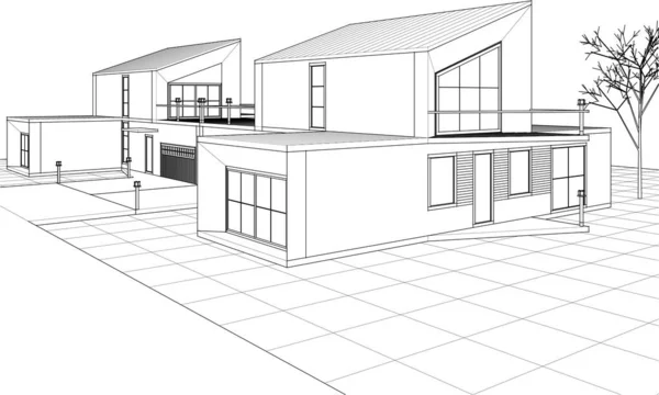 Casa Moderna Projeto Arquitetônico Esboço Ilustração — Vetor de Stock