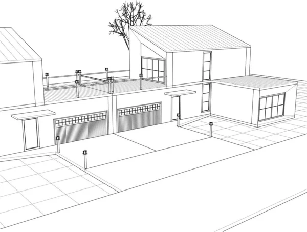 Casa Moderna Projeto Arquitetônico Esboço Ilustração — Vetor de Stock