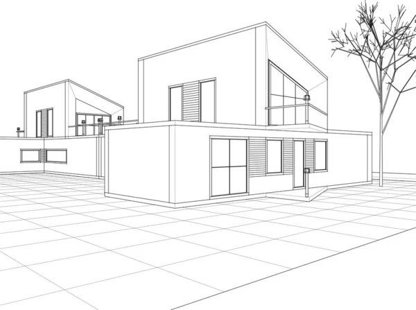 Casa Moderna Projeto Arquitetônico Esboço Ilustração —  Vetores de Stock