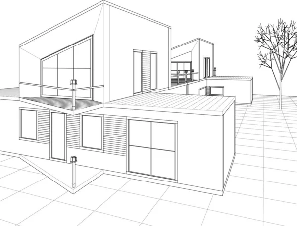 Modern Huis Architectonisch Project Schets Illustratie — Stockvector