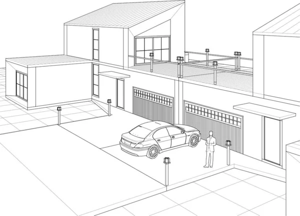 现代房屋建筑草图3D插图 — 图库矢量图片