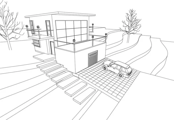 现代房屋建筑草图3D插图 — 图库矢量图片