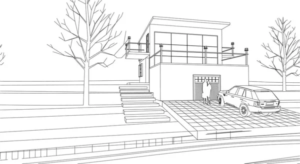 Casa Moderna Projeto Arquitetônico Esboço Ilustração — Vetor de Stock