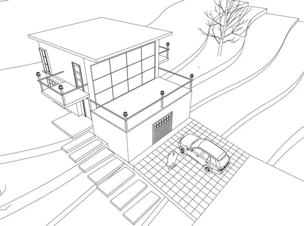 Casa Moderna Projeto Arquitetônico Esboço Ilustração — Vetor de Stock