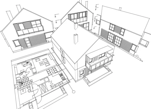 Modern Hus Arkitektoniska Projekt Skiss Illustration — Stock vektor