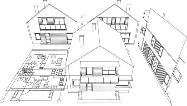 現代住宅建築プロジェクトスケッチ3Dイラスト — ストックベクタ