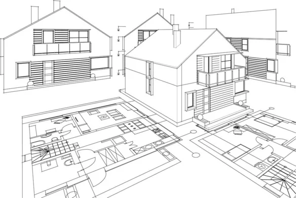 Modern ev mimari projesi çizimi 3D illüstrasyon