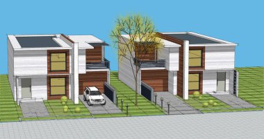 Modern ev mimari projesi çizimi 3D illüstrasyon