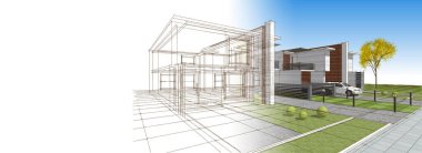 Modern ev mimari projesi çizimi 3D illüstrasyon