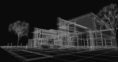 Modern ev mimari projesi çizimi 3D illüstrasyon