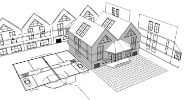 Modern ev mimari projesi çizimi 3D illüstrasyon