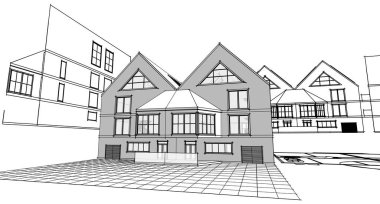 Modern ev mimari projesi çizimi 3D illüstrasyon