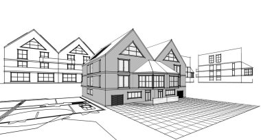 Modern ev mimari projesi çizimi 3D illüstrasyon