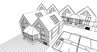 Modern ev mimari projesi çizimi 3D illüstrasyon