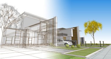 Modern ev mimari projesi çizimi 3D illüstrasyon