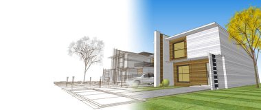 Modern ev mimari projesi çizimi 3D illüstrasyon