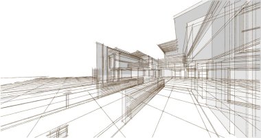 Modern ev mimari projesi çizimi 3D illüstrasyon