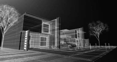 Modern ev mimari projesi çizimi 3D illüstrasyon
