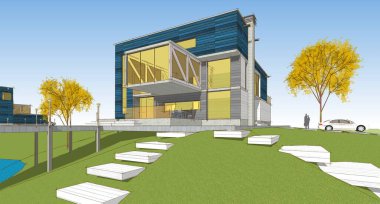 Modern ev mimari projesi çizimi 3D illüstrasyon