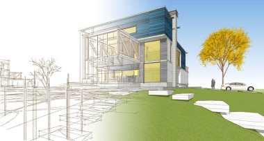 Modern ev mimari projesi çizimi 3D illüstrasyon