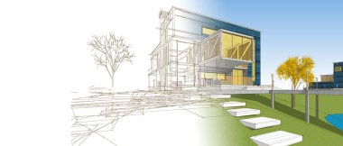 Modern ev mimari projesi çizimi 3D illüstrasyon