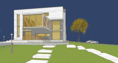 Modern ev mimari projesi çizimi 3D illüstrasyon