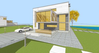 Modern ev mimari projesi çizimi 3D illüstrasyon