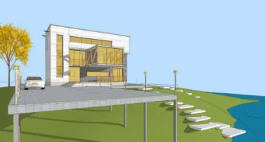 Modern ev mimari projesi çizimi 3D illüstrasyon