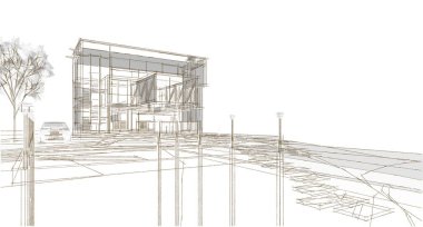 Modern ev mimari projesi çizimi 3D illüstrasyon