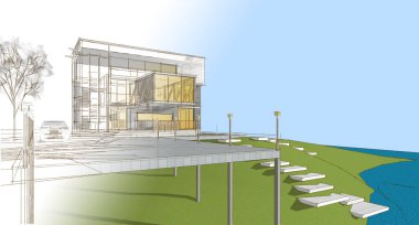 Modern ev mimari projesi çizimi 3D illüstrasyon