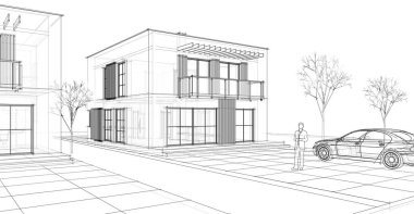 ev mimarisi çizimi 3d illüstrasyon