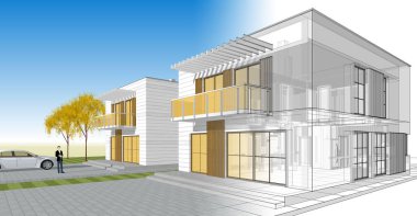 ev mimarisi çizimi 3d illüstrasyon