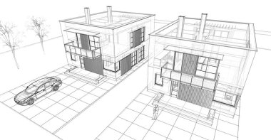 ev mimarisi çizimi 3d illüstrasyon