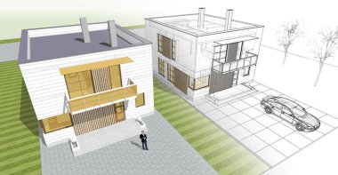 ev mimarisi çizimi 3d illüstrasyon