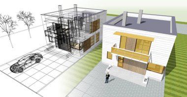 ev mimarisi çizimi 3d illüstrasyon