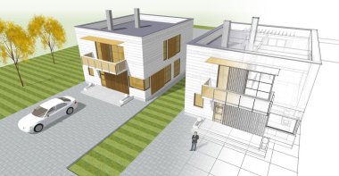 ev mimarisi çizimi 3d illüstrasyon