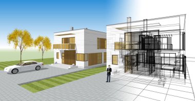 ev mimarisi çizimi 3d illüstrasyon