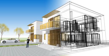 ev mimarisi çizimi 3d illüstrasyon