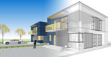 ev mimarisi çizimi 3d illüstrasyon