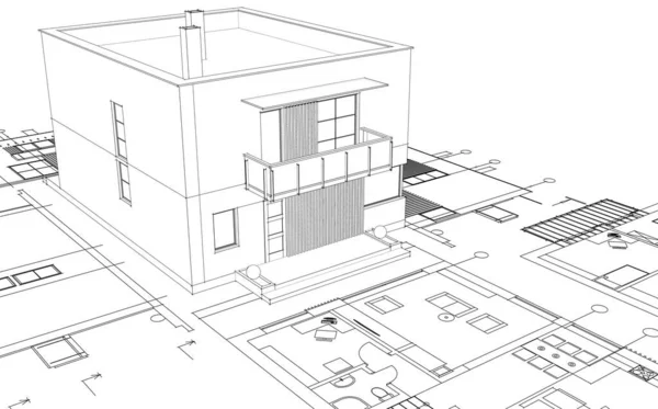 抽象立方住宅3D渲染 — 图库照片