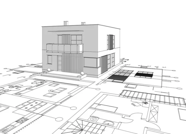 抽象立方住宅3D渲染 — 图库照片
