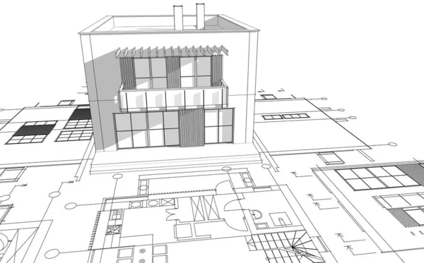 抽象立方住宅3D渲染 — 图库照片