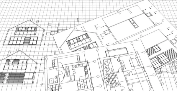Современный Дом Архитектурный Эскиз Проекта Иллюстрация — стоковое фото