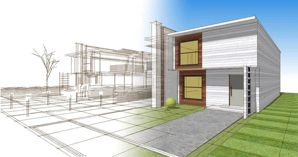 Modern ev mimari projesi çizimi 3D illüstrasyon