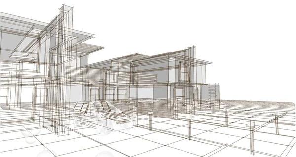 现代房屋建筑草图3D插图 — 图库照片