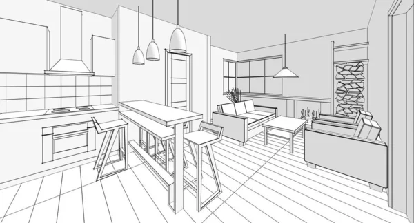 Huis Loft Interieur Rendering — Stockfoto