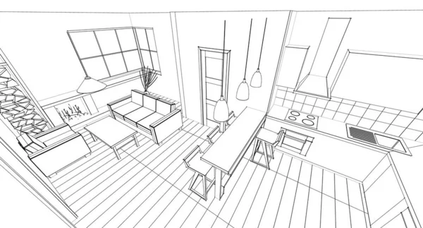 House Loft Interior Rendering — Stock Photo, Image