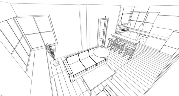 Casa Loft Interior Rendering — Foto de Stock