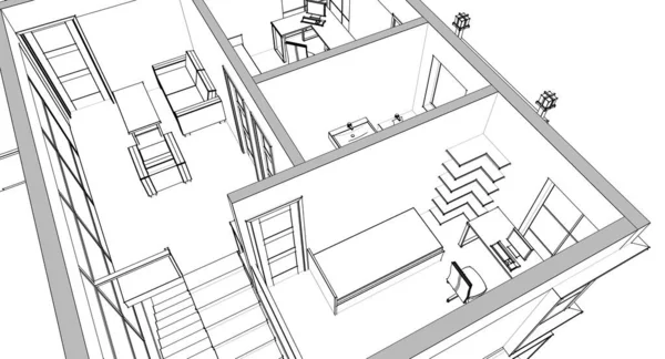 房屋阁楼内部3D渲染 — 图库照片